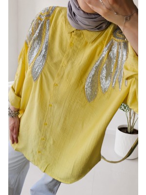 Asela Oversize Pul ve Boncuk Işlemeli Dokulu Tesettür Gömlek Tunik