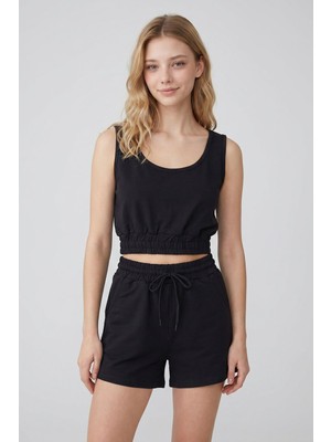 Rmy Moda Kadın Siyah Iki Iplik Crop Atlet Şort Takım