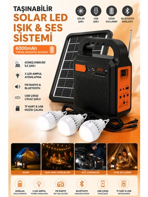 Matechno Taşınabilir Solar Güneş Enerjili LED Kamp Lambası Bluetooth Hoparlör Fm Radyo 3 Ampullü USB Şarjlı Aydınlatma Sistemi 6000 Mah Powerbank Özellikli