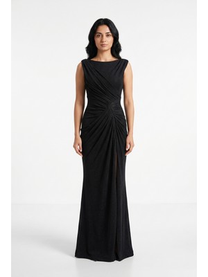 Bdm Exclusive Işıltılı Drape Detaylı Kayık Yaka Uzun Yırtmaçlı Premium Abiye Elbise