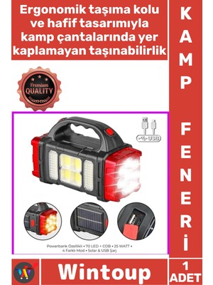 Wintoup #fener Taşınabilir Şarjlı Outdoor Aydınlatma Cob 70 LED Güneş Enerjili 4 Modlu Şık Solar Kamp Feneri