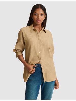 Pierre Cardin Kadın Koyu Bej Oversize Uzun Kollu Gömlek 50318232-VR088
