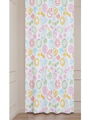 Greendecor Yaz Plaj Flamingo Palmiye Limon Karpuz Güneş Meyve Hello Summer Desenli Renkli Dijital Baskılı Fon Perde