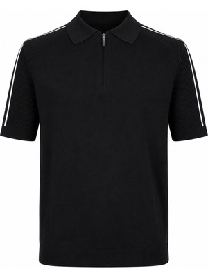 Trender Yarım Fermuarlı Siyah - Beyaz Erkek Polo Yaka T-Shirt 17433