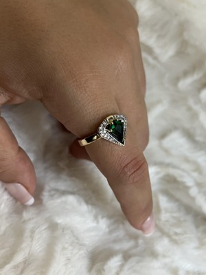 Busradan Design Özel Seri Siyah Mine Detay Zümrüt Yeşil Baklava Desen Zirkon Taşlı Ayarlanabilir Yüzük