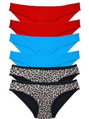Mentra Online 6 Adet Likralı Kadın Slip Külot Leopar Kırmızı Mavi