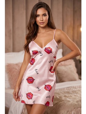 Intive Lingerie Ince Askılı Dudak Desenli Pudra Saten Gecelik TM1445