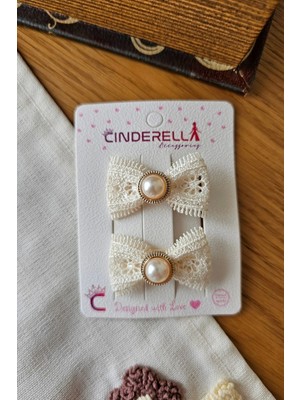 Cinderella Özel Tasarım Bayramlık Ekru Güpür Dantelli Gold Detay Incili Kız Çocuk Bebek Pens Toka Seti 4.5cm