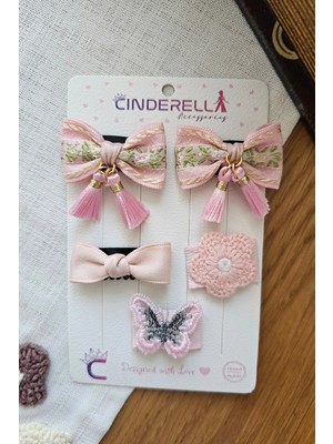 Cinderella 5'li Sallanan Püskül Fiyonk Kelebekli Örgü Çiçekli Pembe Gold Yenidoğan Az Saçlı Saçsız Bebek Tokası