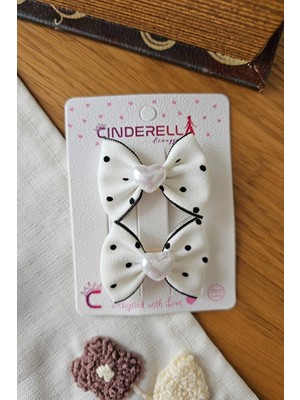 Cinderella Siyah Puantiyeli Beyaz Kalpli Kurdele Fiyonk Toka Seti 5cm - Kumaş Kaplı Pens Yan Saç Tokası