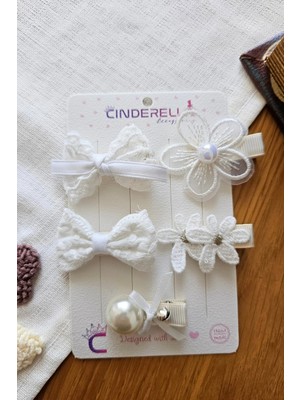 Cinderella Zarafet Serisi 5'li Kız Bebek Astarlı Pens Toka Seti - Incili Dantelli Çiçek Tül Fiyonk Saç Tokası