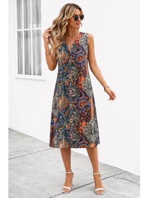 Alyn Wear Kadın Kolsuz V Yakalı Desenli Süprem Kısa Elbise