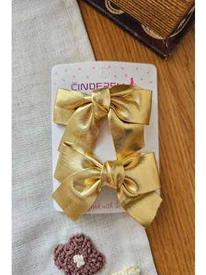 Cinderella 2'li Parlak Metalik Altın Varaklı Kız Çocuk Fiyonk Pens Toka Seti 7cm - Şık Gold Klipsli Saç Tokası