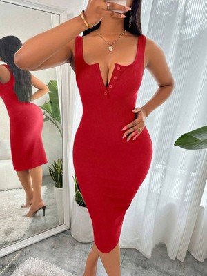 Gökyüzü Moda Kadın Askılı Yuvarlak V Yakalı Kaşkorse Midi Elbise