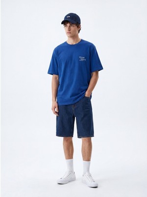 LTB Minimal Baskılı Oversize Mavi T-Shırt