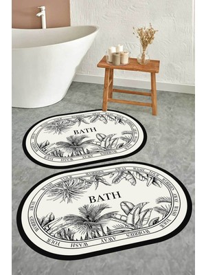 Empressco Yıkanabilir Siyah Beyaz Botanik Banyo Paspası Takımı