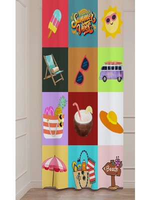 Greendecor Yaz Plaj Flamingo Palmiye Limon Karpuz Güneş Meyve Hello Summer Desenli Renkli Dijital Baskılı Fon Perde