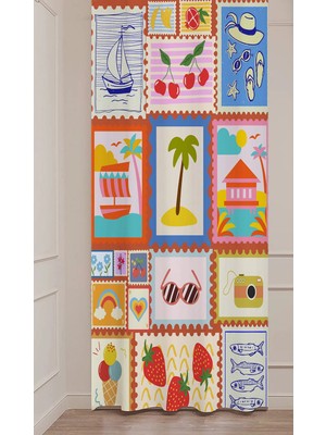 Greendecor Yaz Plaj Flamingo Palmiye Limon Karpuz Güneş Meyve Hello Summer Desenli Renkli Dijital Baskılı Fon Perde