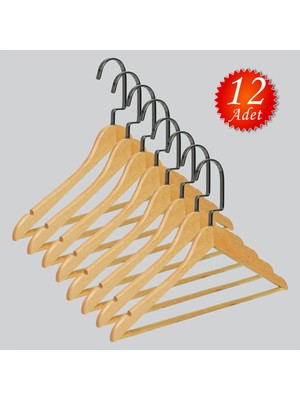 NYN Ahşap Barlı (Siyah Nikel Kanca) Gömlek, Tshirt, Bluz, Elbise Askısı 12 Adet