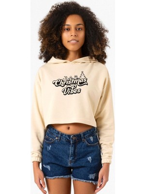 Tshirthane Christmas Vibes Bej Kadın Crop Kapşonlu