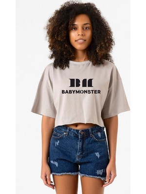Babymonster Logo Taş Rengi Kadın Crop Kapşonlu