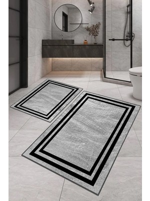 Empressco Su Emici Gri Tonlu Şeritli Ikili Banyo Paspası (40/60CM, 60X100CM)
