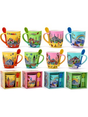 Lavly Istanbul Temalı Kaşıklı Porselen Kupa Bardak 10X13 cm