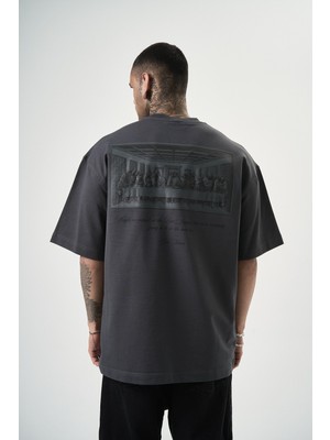 Erkek Da Vinci Baskılı Oversize T-Shirt Füme