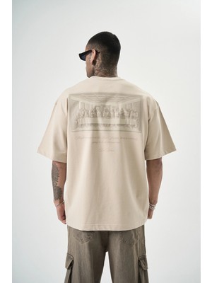 Erkek Da Vinci Baskılı Oversize T-Shirt Bej