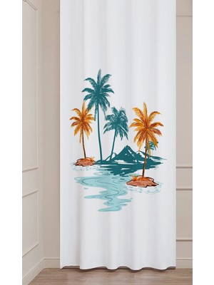 Greendecor Yaz Plaj Flamingo Palmiye Limon Karpuz Güneş Meyve Hello Summer Desenli Renkli Dijital Baskılı Fon Perde