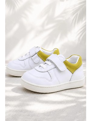 Rakerplus Bob Hakiki Deri Beyaz Nubuk Sarı Bebek Sneaker Ayakkabı