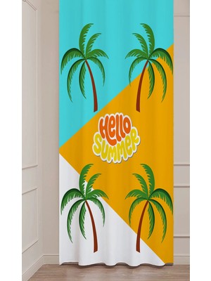 Greendecor Yaz Plaj Flamingo Palmiye Limon Karpuz Güneş Meyve Hello Summer Desenli Renkli Dijital Baskılı Fon Perde