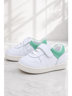 Rakerplus Bob Hakiki Deri Beyaz Nubuk Yeşil Cırtlı Bebek Sneaker Ayakkabı
