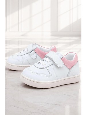 Rakerplus Bob Hakiki Deri Beyaz Nubuk Pembe Cırtlı Bebek Sneaker Ayakkabı