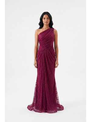 BDM Exclusive Taş Baskılı Dantel Drape Detaylı Tek Omuz Yırtmaçlı Premium Abiye Elbise