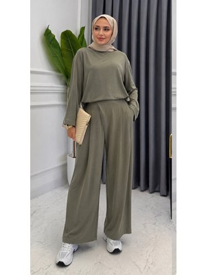 Esra Butik Premium Kupra Kumaş Şalvar Model Pantolonlu Takım – Mürdüm & Haki | S-M-L