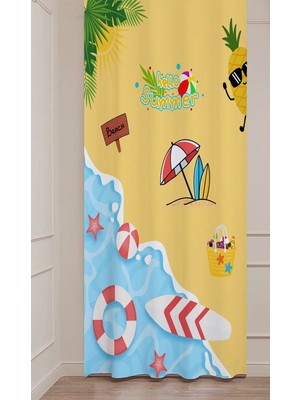 Greendecor Yaz Plaj Flamingo Palmiye Limon Karpuz Güneş Meyve Hello Summer Desenli Renkli Dijital Baskılı Fon Perde