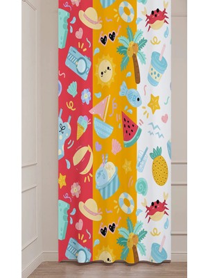 Greendecor Yaz Plaj Flamingo Palmiye Limon Karpuz Güneş Meyve Hello Summer Desenli Renkli Dijital Baskılı Fon Perde