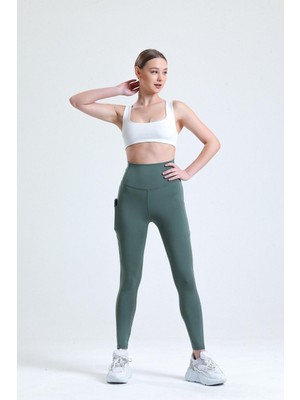 Yeşil Yüksek Bel Sıkılaştırıcı Toparlayıcı Push-Up Çift Cepli Bilek Hizasında Spor Tayt