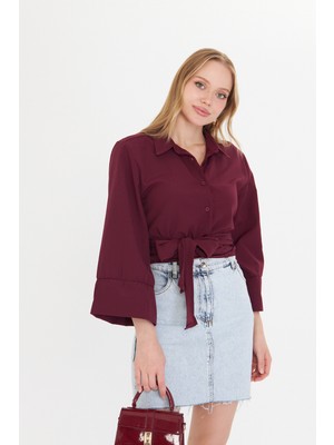 Kadın Bordo Geniş Manşetli Kol Detaylı Önü Bağlamalı Poplin Gömlek