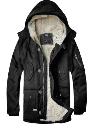 Regular Fit Su ve Soğuğa Dayanıklı Kürklü Kapüşonlu Çocuk Parka Kaban--Siyah--