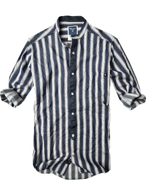Alaska The Last Frontier Slim Fit %100 Pamuk Kumaş Hakim Yaka Uzun Kol Gömlek--lacivertçizgi-