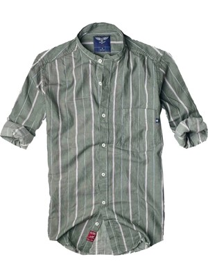 Alaska The Last Frontier Slim Fit %100 Pamuk Kumaş Hakim Yaka Uzun Kol Gömlek-çizgili Haki-