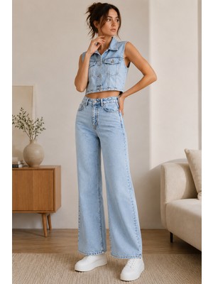 Layal My Beauty Kadın Palazzo Jeans Pantolon Yelek Ikili Alt Üst Takım Yeni Sezon1