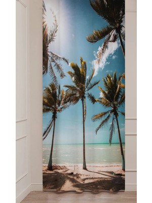 Greendecor Yaz Plaj Flamingo Palmiye Limon Karpuz Güneş Meyve Hello Summer Desenli Renkli Dijital Baskılı Fon Perde