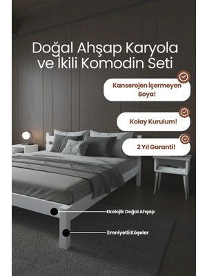 Renazzo Mobilya Letto Masif Çam Karyola ve 2 Adet Komodin Seti