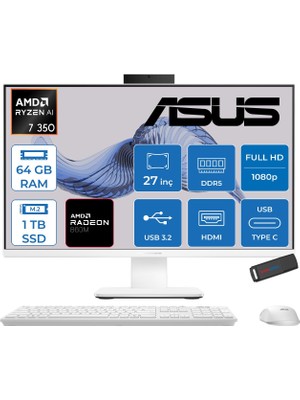 Asus Expertcenter P600 Aio (PM670KA) Amd Ryzen™aı 7 350 Upto 5.0ghz 64GB Ddr5 1tb SSD Amd Radeon™ 860M 27"fhd (1920 x 1080)SRGB: 100% Freedos Allınone Bilgisayar PM670KA350F23+ZETTAUSBBELLEK