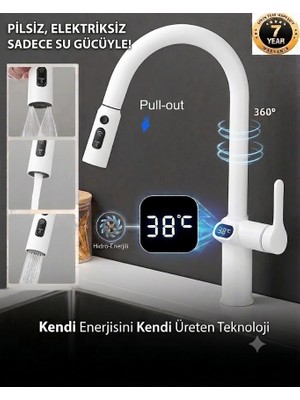 OEM Dijital Led Mutfak Eviye Bataryası Duş Şelale Mat Beyaz 3 Fonksiyonlu Fiskiyeli Ithal 7 Yıl Garantili