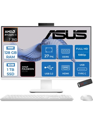 Asus Expertcenter P600 Aio (PM670KA) Amd Ryzen™aı 7 350 Upto 5.0ghz 128GB Ddr5 1tb SSD Amd Radeon™ 860M 27"fhd (1920 x 1080)SRGB: 100% Freedos Allınone Bilgisayar PM670KA350F38+ZETTAUSBBELLEK