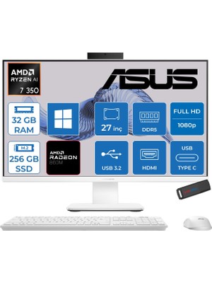 Asus Expertcenter P600 Aio (PM670KA) Amd Ryzen™aı 7 350 Upto 5.0ghz 32GB Ddr5 256GB SSD Amd Radeon™ 860M 27"fhd (1920 x 1080)SRGB: 100% WIN11PRO Allınone Bilgisayar PM670KA350P11+ZETTAUSBBELLEK